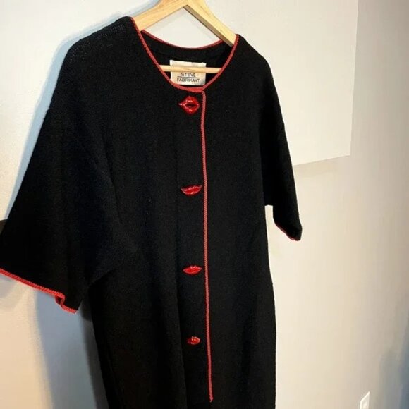 Steve Fabrikant Red Lips Funky Vintage Black Wool Short Sleeve Midi Dress SZ 10 - Picture 6 of 15